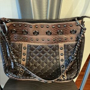 SHARIF Studded Brown and Bronze Chain Strap Shoulder Bag